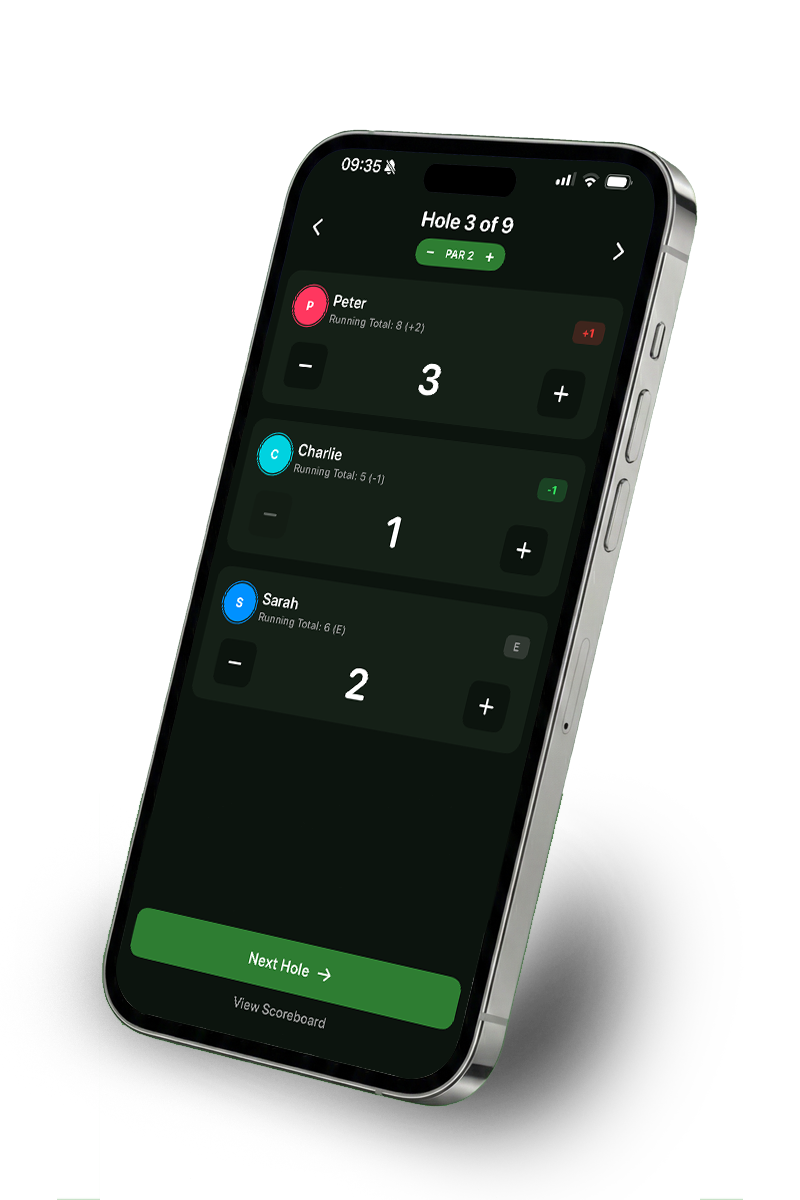 Mini Golf Scorekeeper app showing a live scorecard